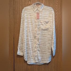 Women's Oversized Satin Cream Zebra Patterned Button Down Top/Dress With Pockets